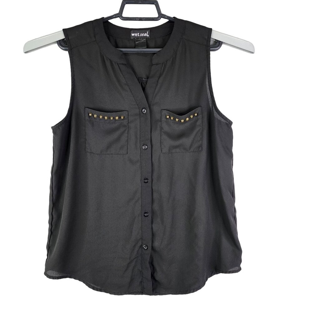 Women's Black Wet Seal Blouse Top Sleeveless Button-Up Studded Pockets Size M